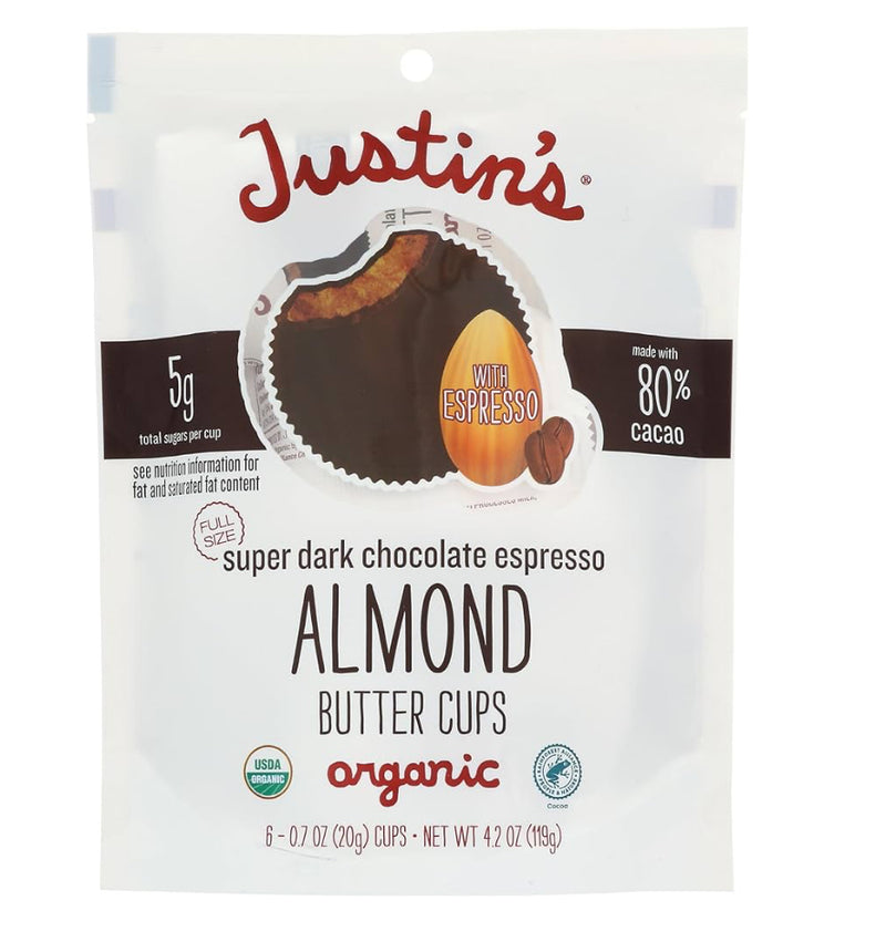 JUSTINS Organic Super Dark Chocolate Espresso Almond Butter Cups, 4.2 OZ